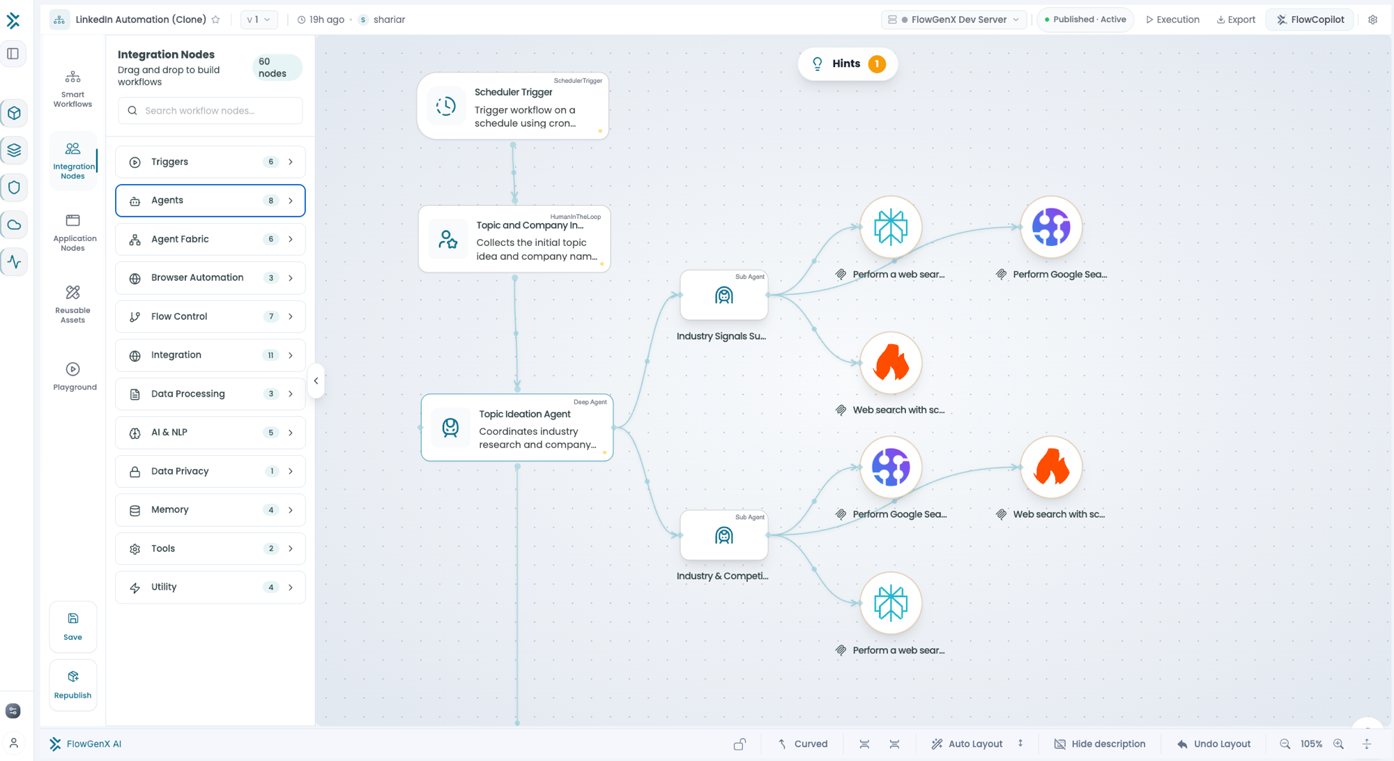 FlowGenX agentic workflow builder canvas showing a multi-agent LinkedIn automation workflow with integration nodes, triggers, and sub-agents