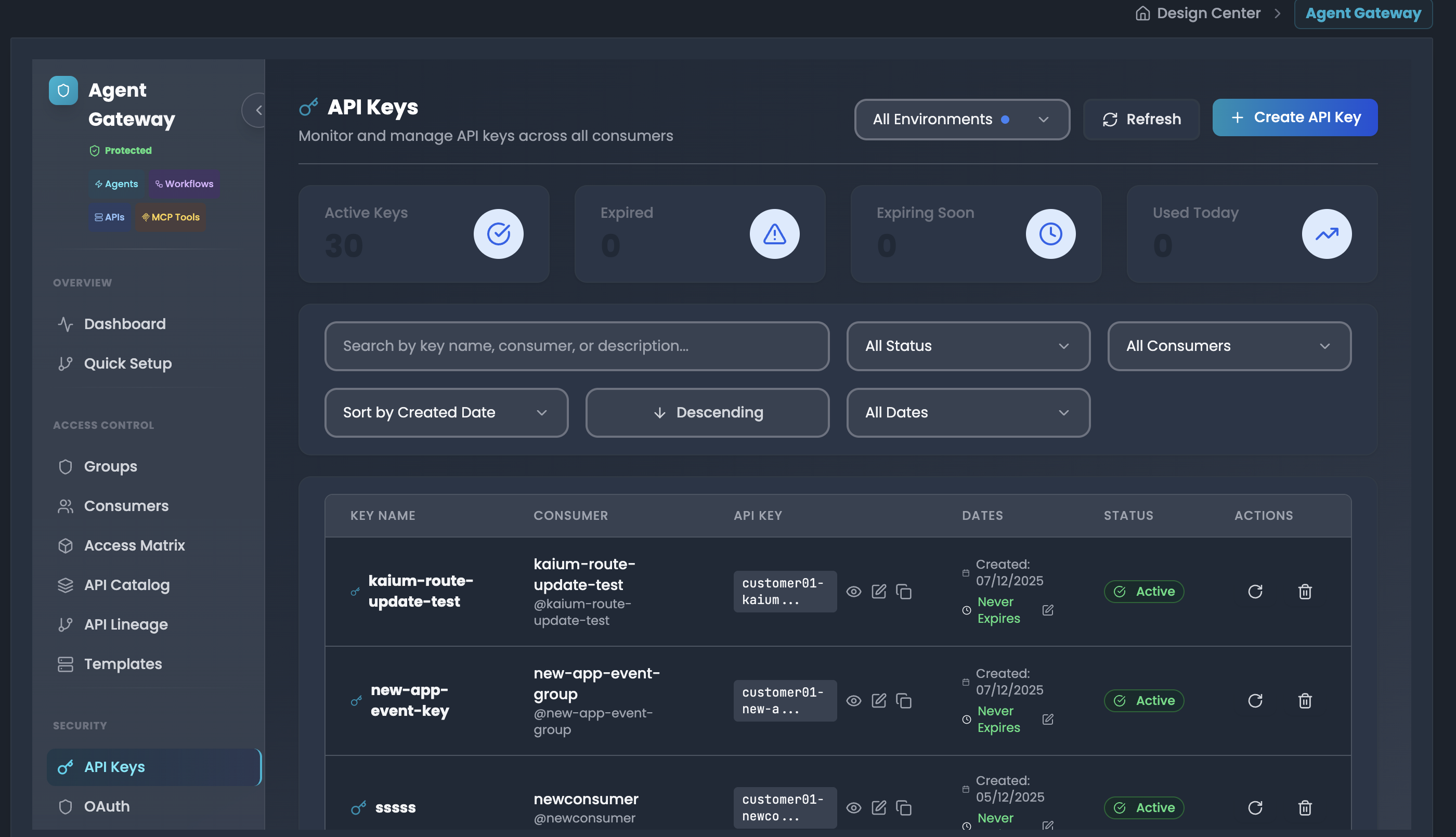 API Keys management dashboard
