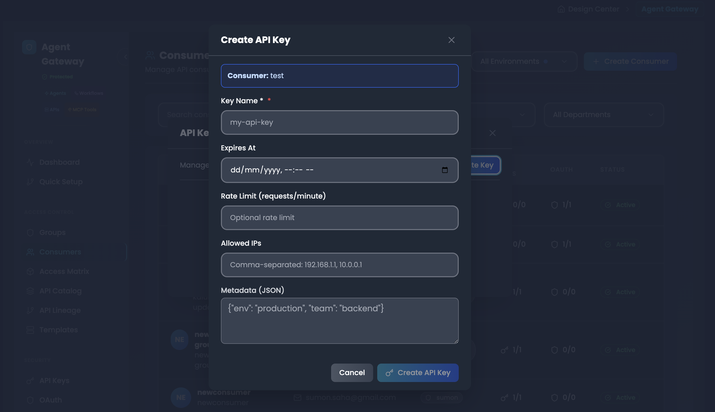 API keys management interface