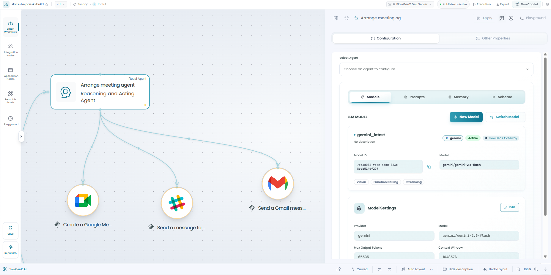 A React Agent on the workflow canvas connected to Google Meet, Slack, and Gmail tools, with the configuration drawer showing its LLM model