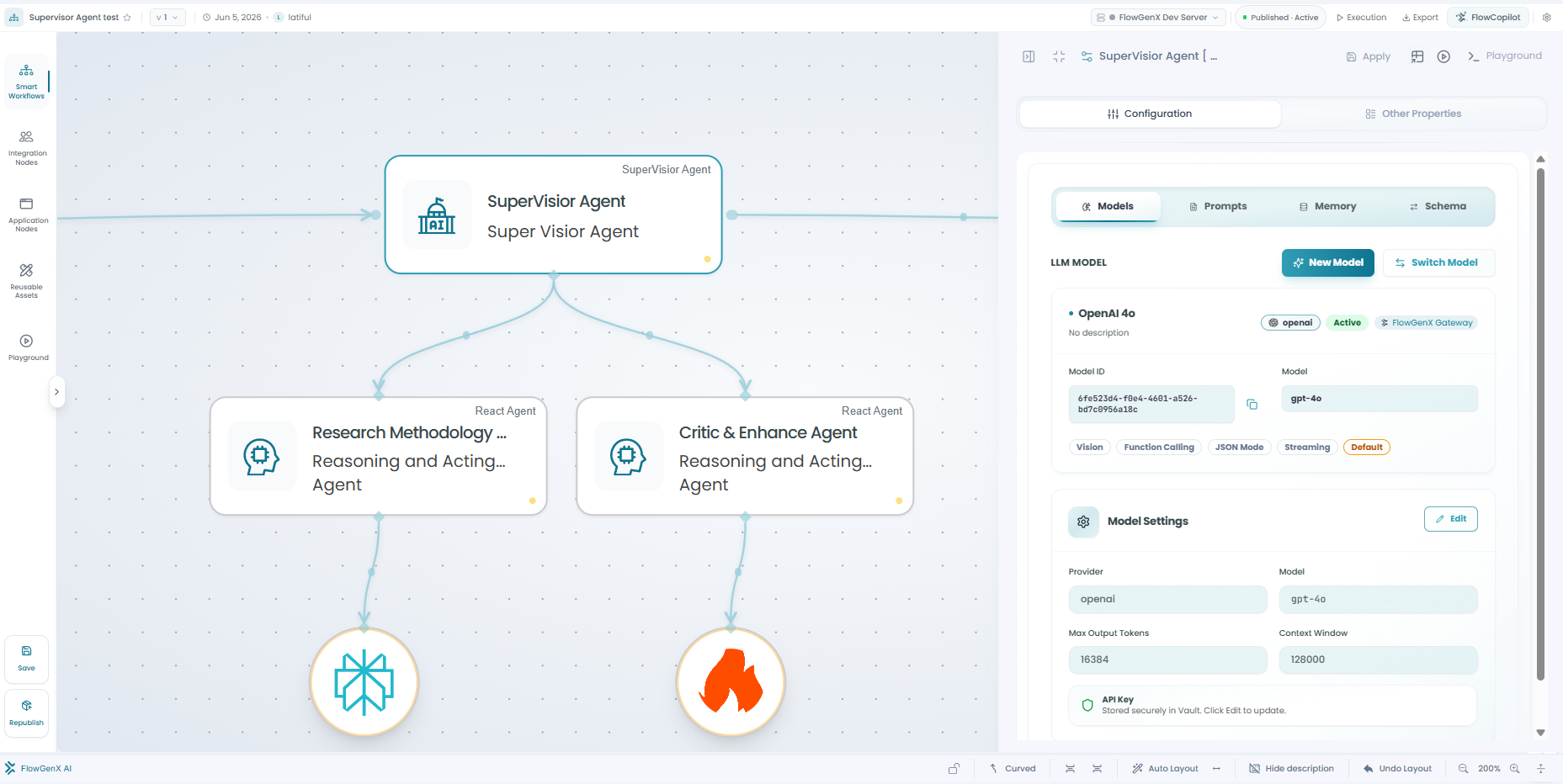 A Supervisor Agent on the workflow canvas coordinating two specialized React sub-agents, with the configuration drawer showing its LLM model