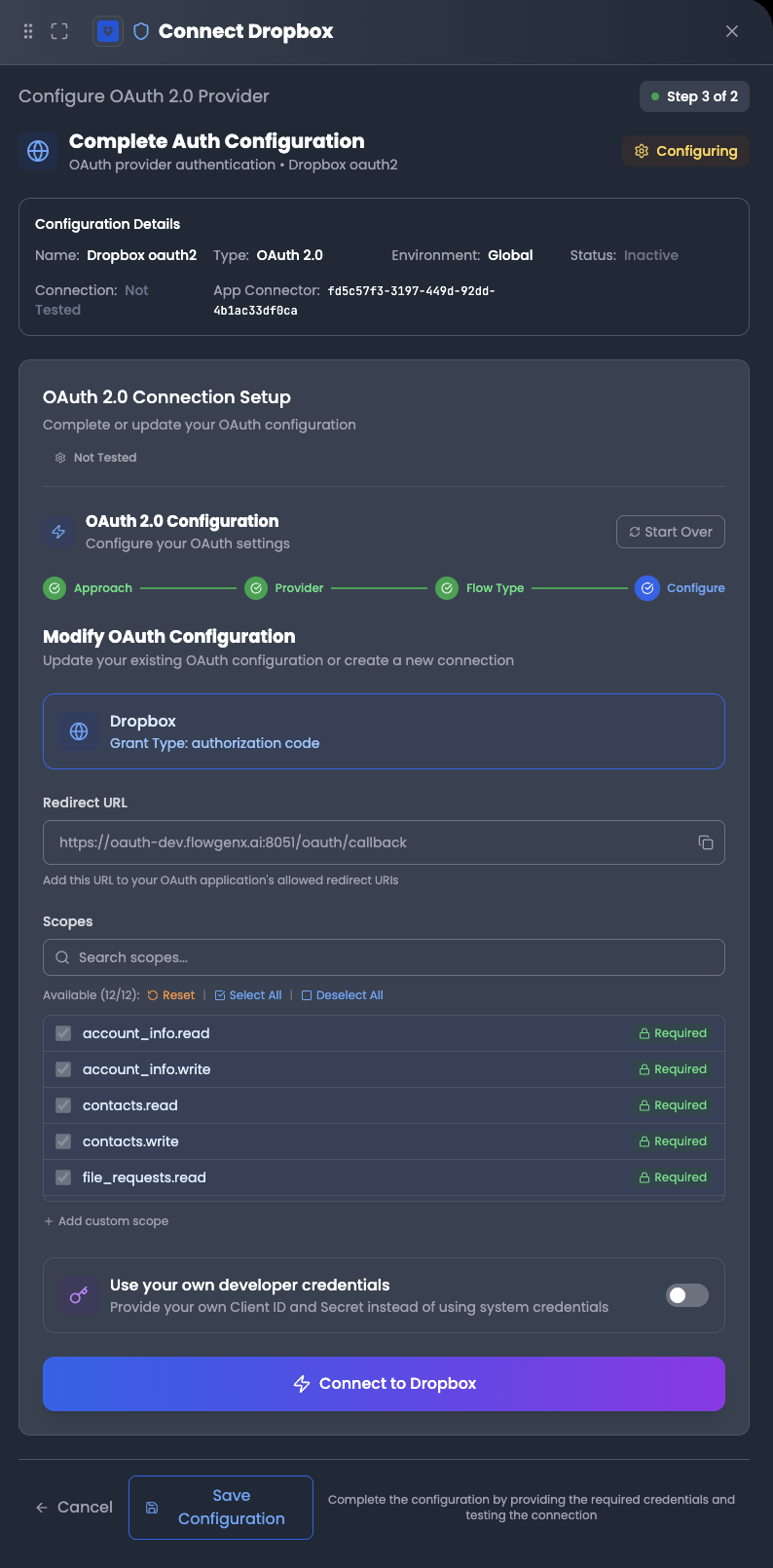 Providing credentials or connecting with OAuth