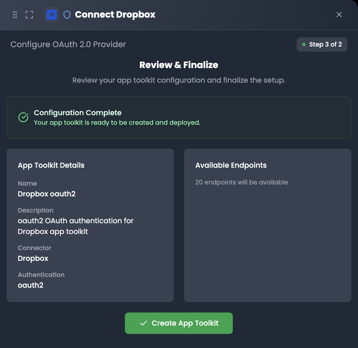 Testing connection details and completing the setup