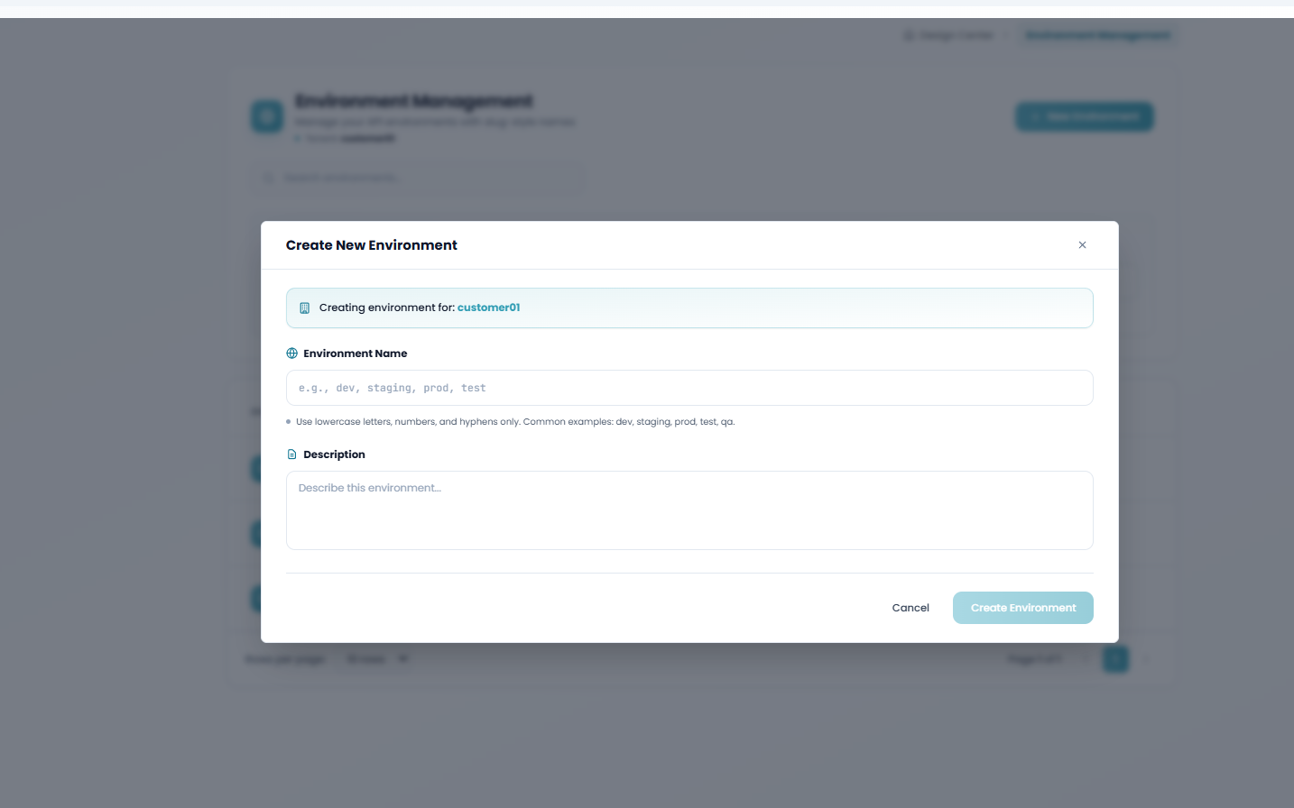 Create New Environment dialog with Environment Name and Description fields