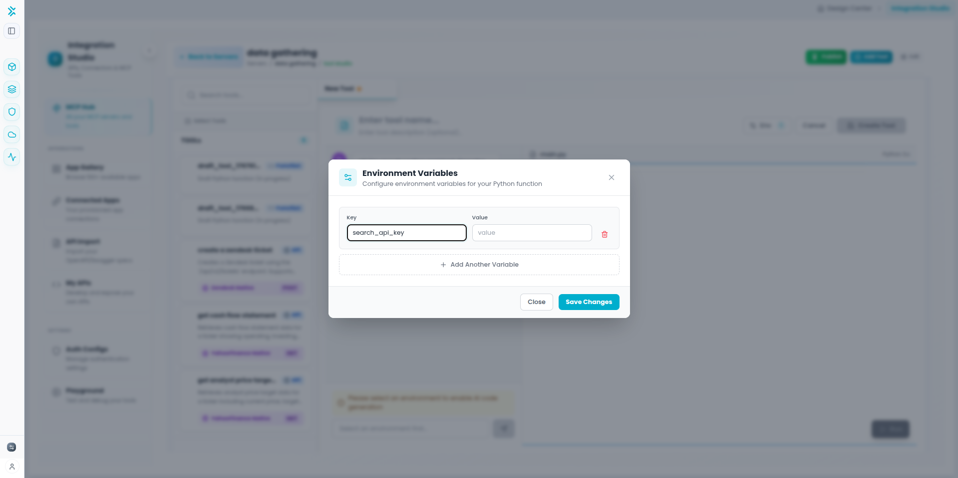 Environment variables configuration dialog