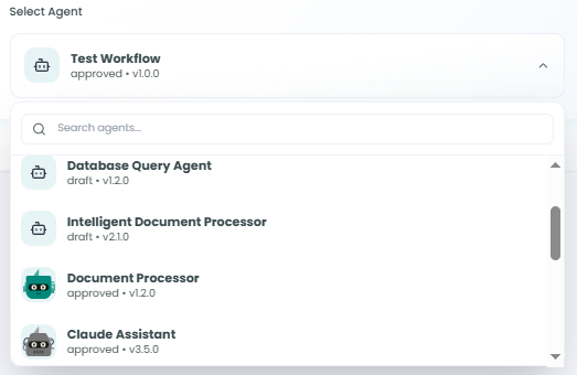 Select Agent dropdown showing Test Workflow