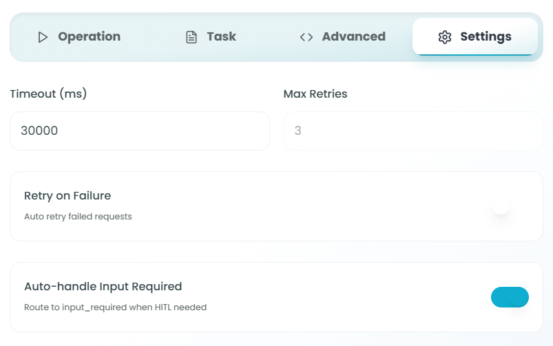 Settings tab showing timeout and retry options