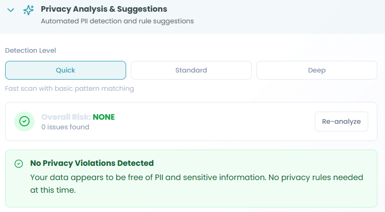 Privacy Analysis & Suggestions showing detection results