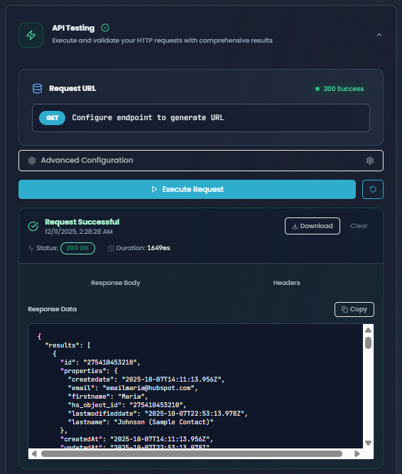 HTTP Request Node Test Execution - Successful API test with response display