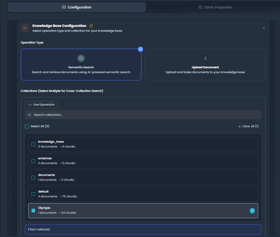Knowledge Base Node Semantic Search Configuration - Multi-collection selection, query input, search parameters, and metadata filters