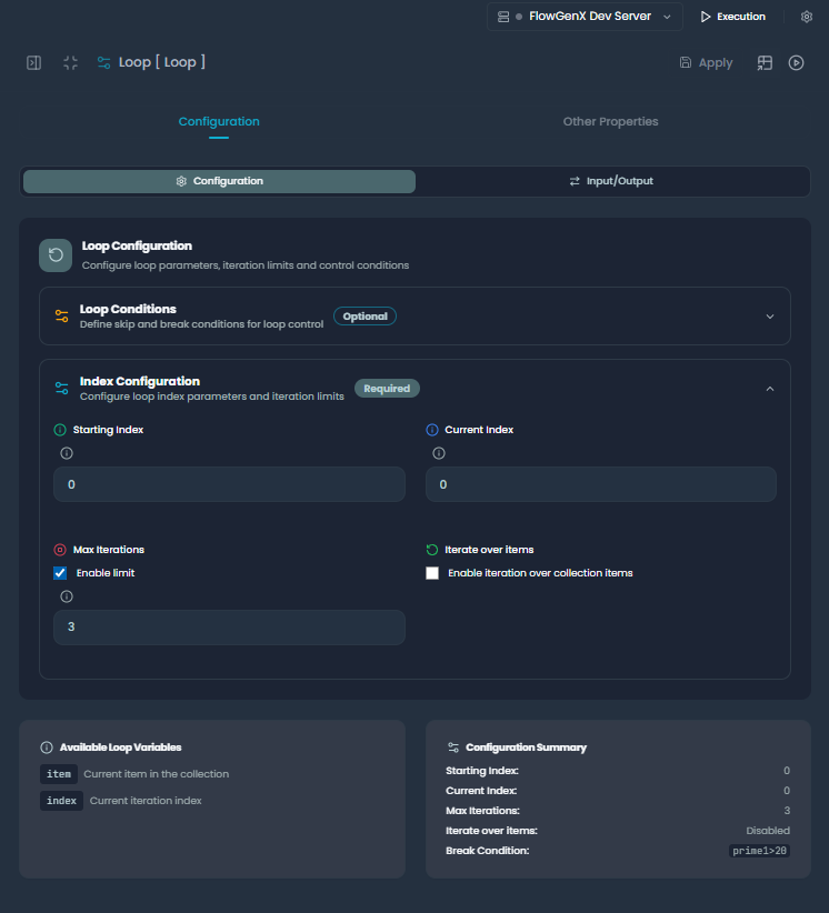 Loop Node Loop Parameters - Configure starting index, max iterations, and current index