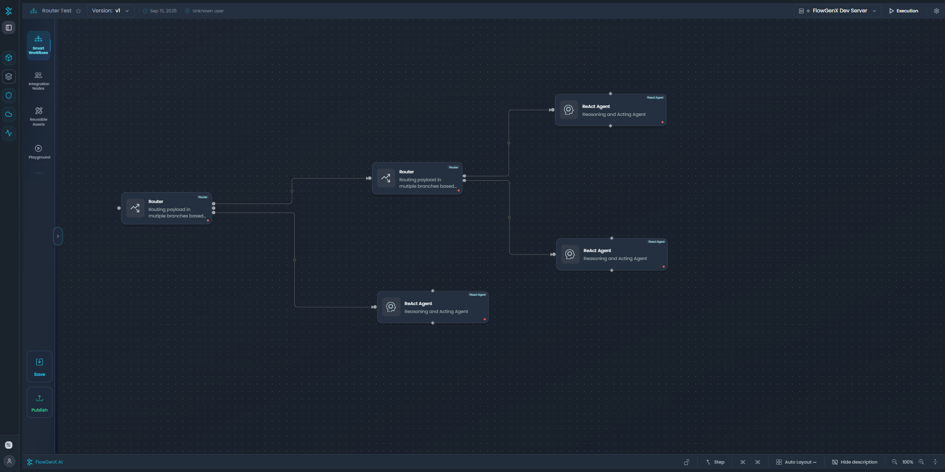 Router Node Workflow Example - Multiple Router nodes branching to ReAct Agent nodes with different routing paths