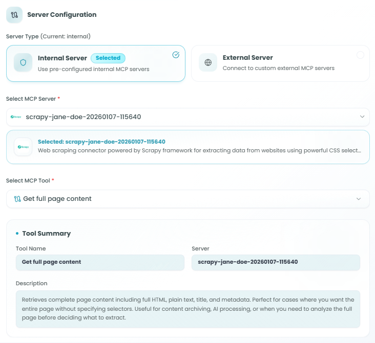 MCP Tool configuration panel