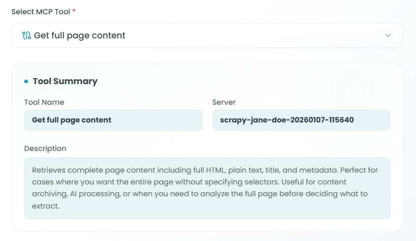 Tool Summary section