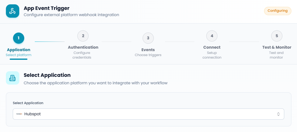 Application selection step showing list of supported platforms