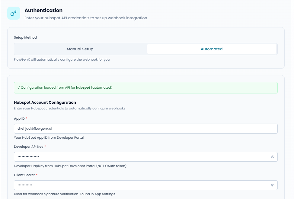 Authentication configuration showing credential fields