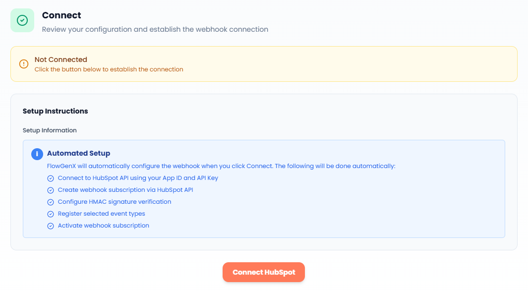 Setup connection step showing automated setup instructions