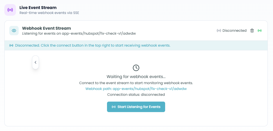 Test and monitor step showing live event stream