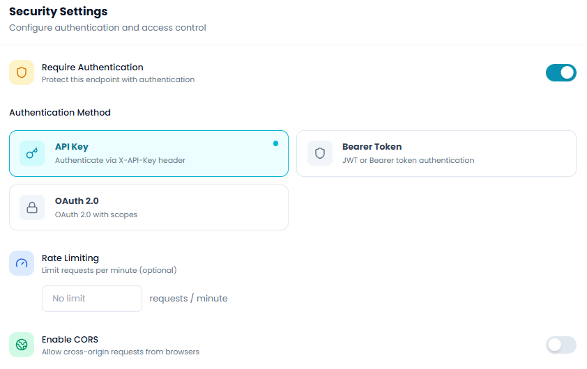 Security configuration showing authentication options
