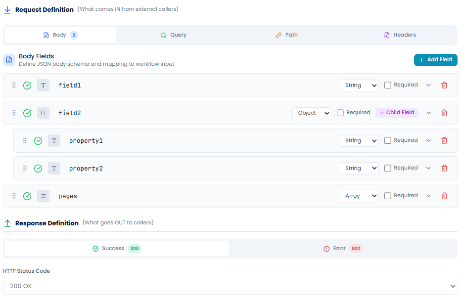 API Contract visual editor showing request and response definition