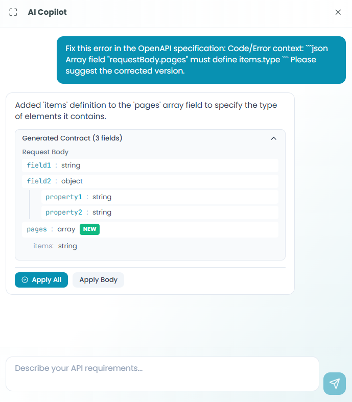 AI Copilot showing generated fix with Apply options