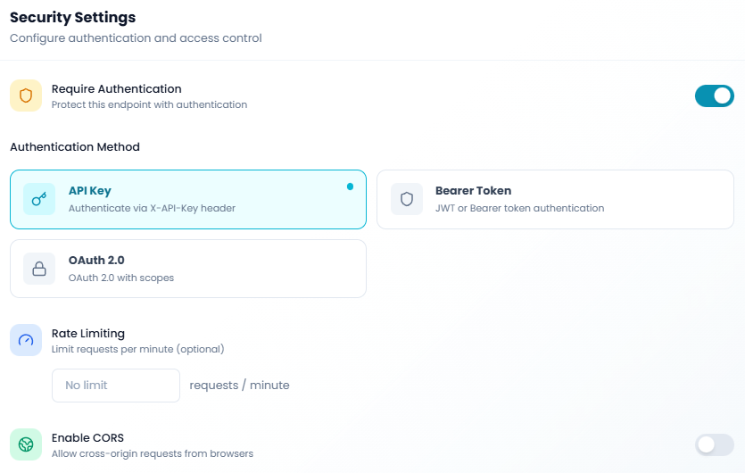 Security configuration showing authentication options