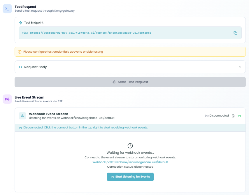 Live event stream showing real-time webhook events