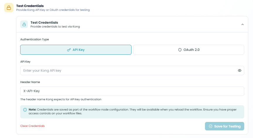 Test credentials configuration panel