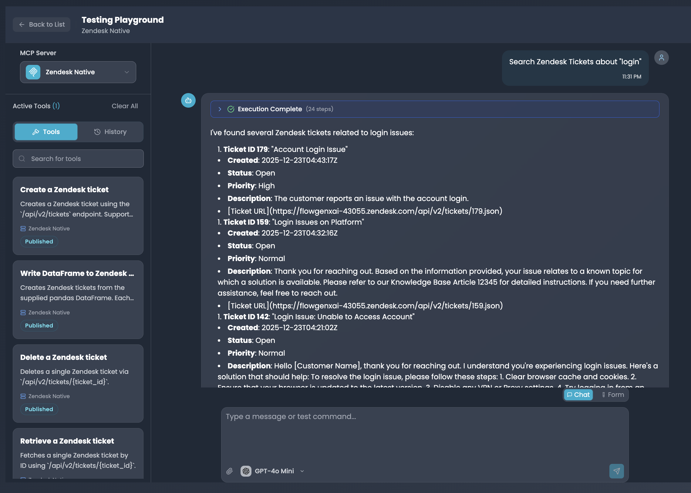 Agent Playground interface showing MCP server selection, tools panel, and chat conversation with execution results