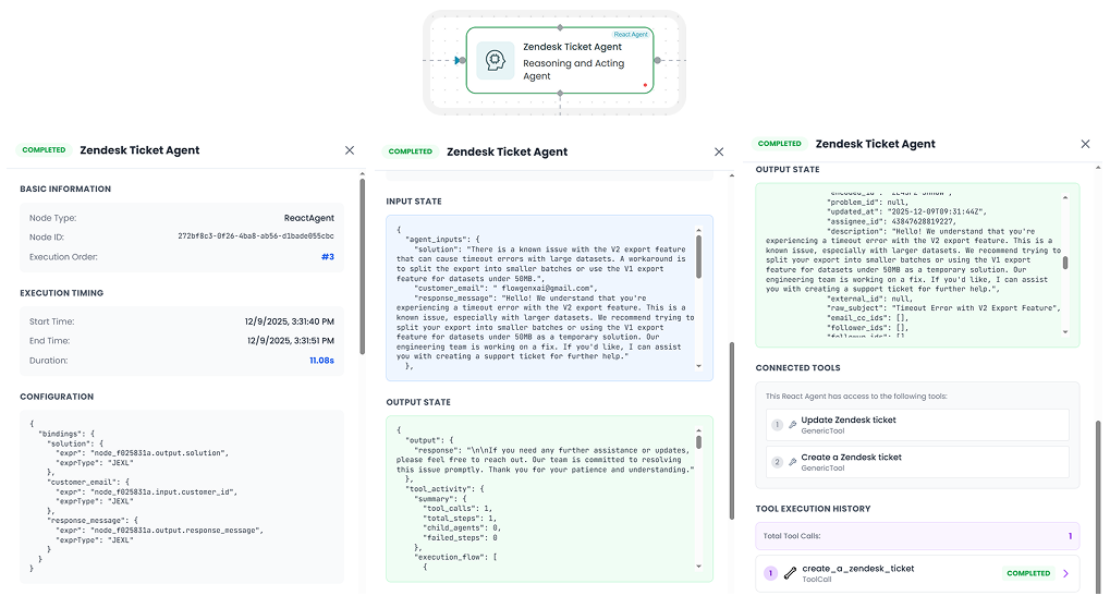 Detailed step information panel with input, output, and execution metadata
